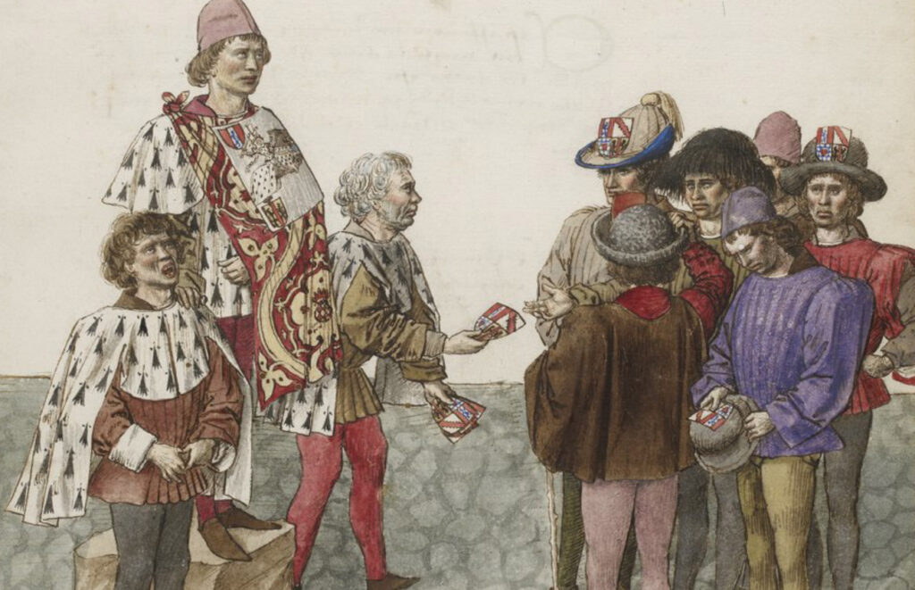 Heralds for the Duke of Brittany hire at-large heralds for a tournament. From King Rene's Tournament Book